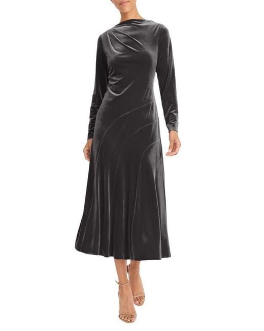 Maggy London Black Long Sleeve Velvet A-Line Midi Dress