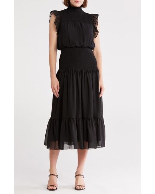 AREA STARS Flutter Sleeve Smocked Drop Waist Midi Dress in Black | Lyst