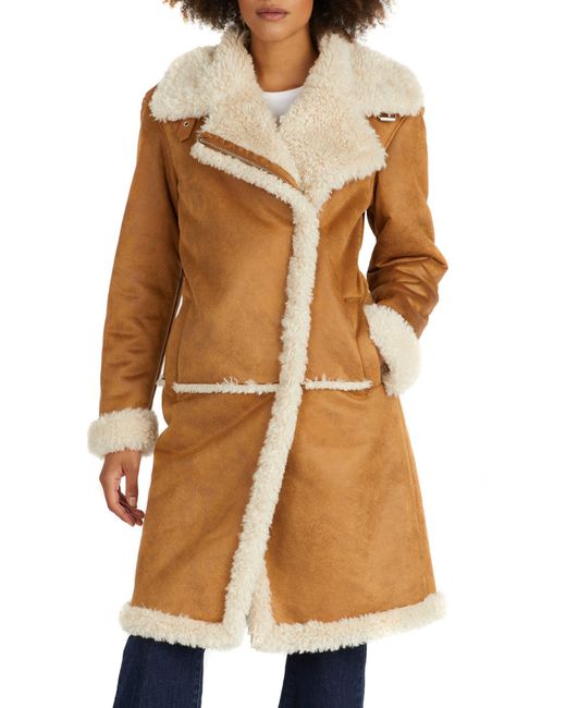 NVLT Brown Faux Shearling Moto Coat In Luggage At Nordstrom Rack