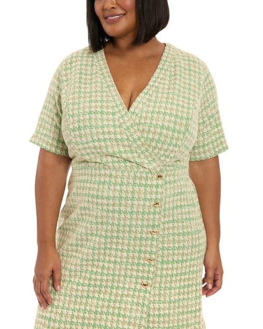 London Times Green Short Sleeve Bouclé Faux Wrap Dress
