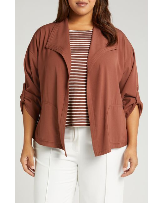 Max Studio Brown Draped Open Front Twill Jacket