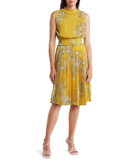 Lepore Pleated Floral Print Dress in Yellow Lyst