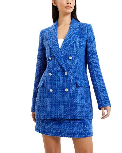French Connection Blue Azzurra Double Breasted Tweed Blazer