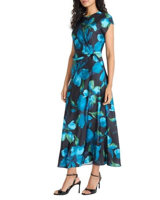 Maggy London Blue Floral Cap Sleeve A-Line Maxi Dress
