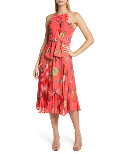 Eliza J Red Floral Print Pleated Midi Dress