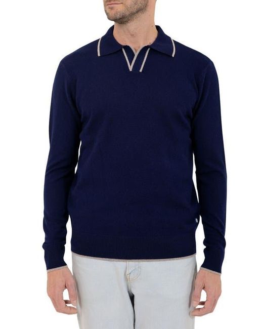 PINOPORTE Blue Johnny Collar Long Sleeve Wool Polo for men