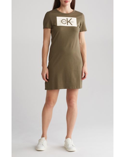 Calvin Klein Green Block Logo Stretch Cotton T-shirt Dress