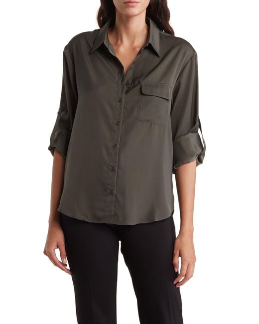 Pleione Black Satin Long Sleeve Button-up Shirt