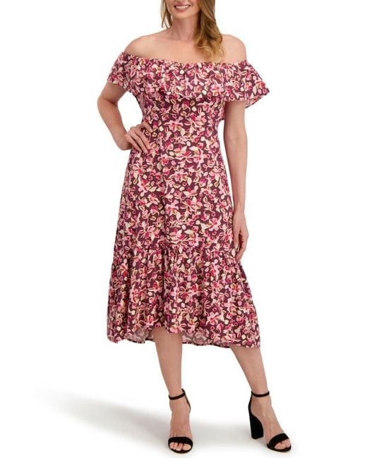 Laundry by Shelli Segal Red Emily Off The Shoulder Ruffle Cotton High-Low Dress