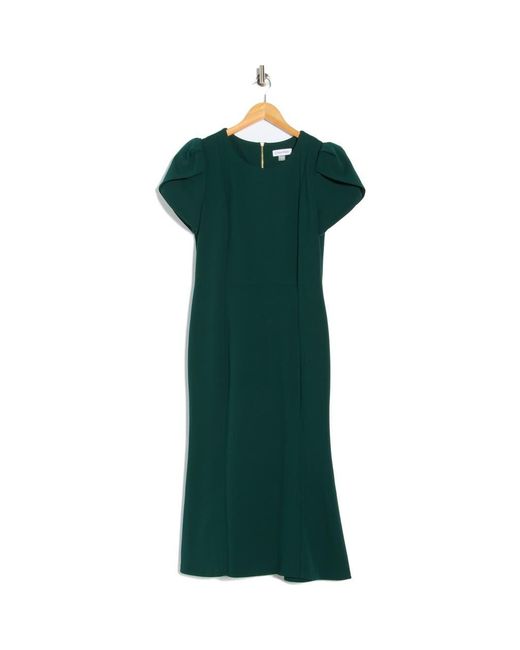 Calvin Klein Tulip Sleeve Crepe A-Line Midi Dress in Green