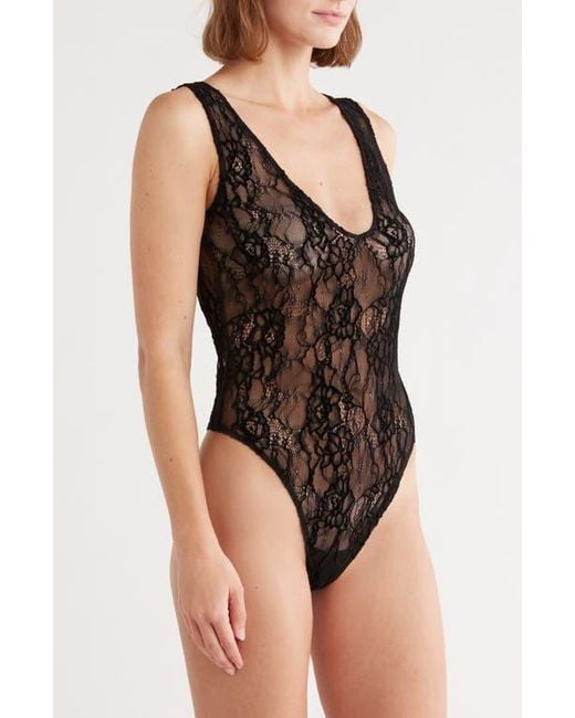 GOOD AMERICAN Blue Lace Deep V-Neck Bodysuit
