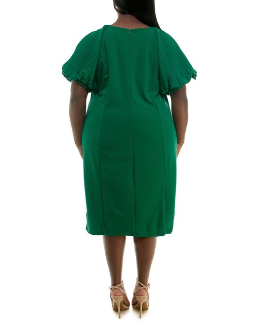 Nina Leonard Green Pleat Puff Sleeve Midi Dress