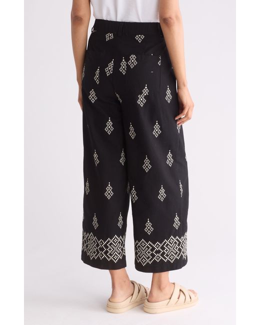 Adrianna Papell Black Embroidered Cotton Wide Leg Pants