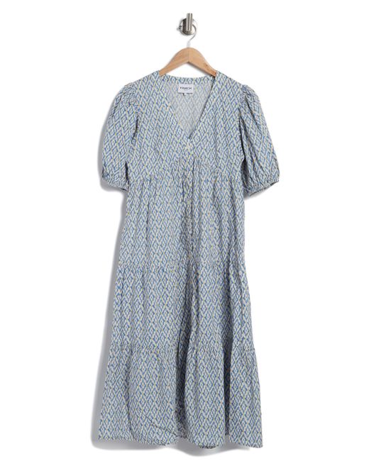 FRNCH Blue Blandine Short Sleeve Empire Waist Button Front Dress