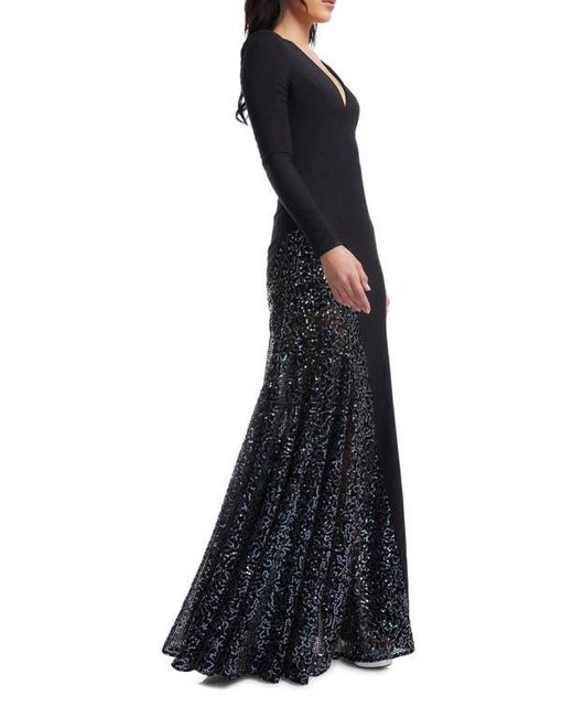 Dress the Population Winnie Sequin Panel Long Sleeve Gown in Black | Lyst