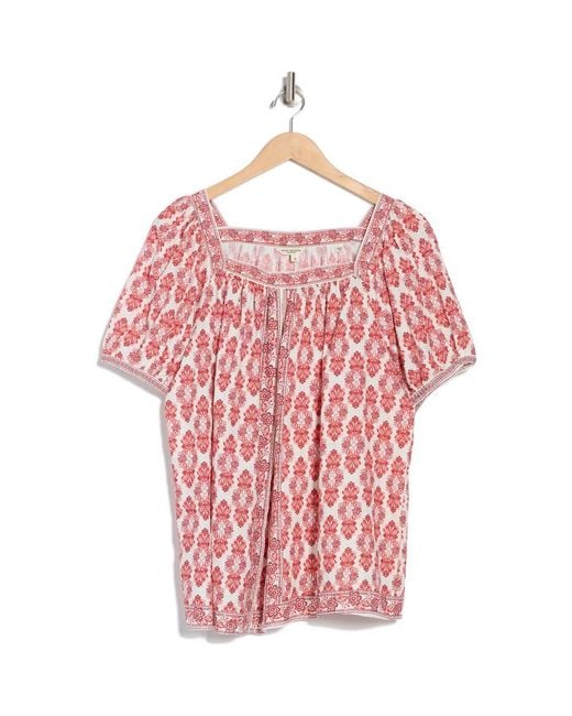 Max Studio Pink Square Neck Puff Sleeve Cotton Blend Top