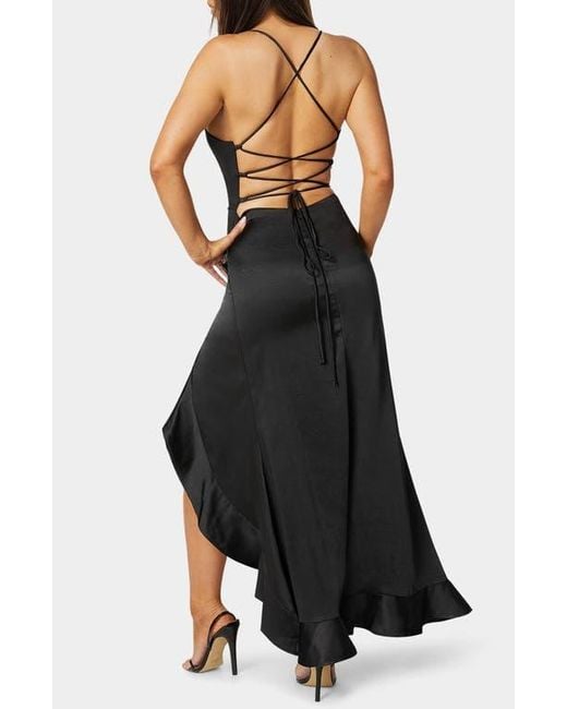 Bebe Lace-Up Back Ruffle Satin Maxi Dress in Black | Lyst Bebe Lace-Up Back Ruffle Satin Maxi Dress in Black | Lyst