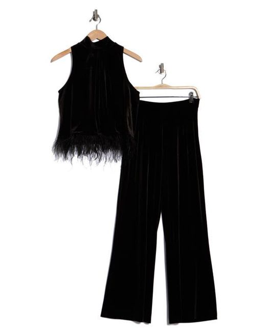 Julia Jordan Black Two-Piece Feather Trim Velvet Top & Wide Leg Velvet Pant Set