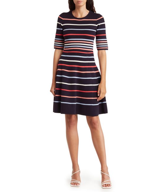 Vince Camuto Black Stripe Elbow Sleeve Fit & Flare Dress