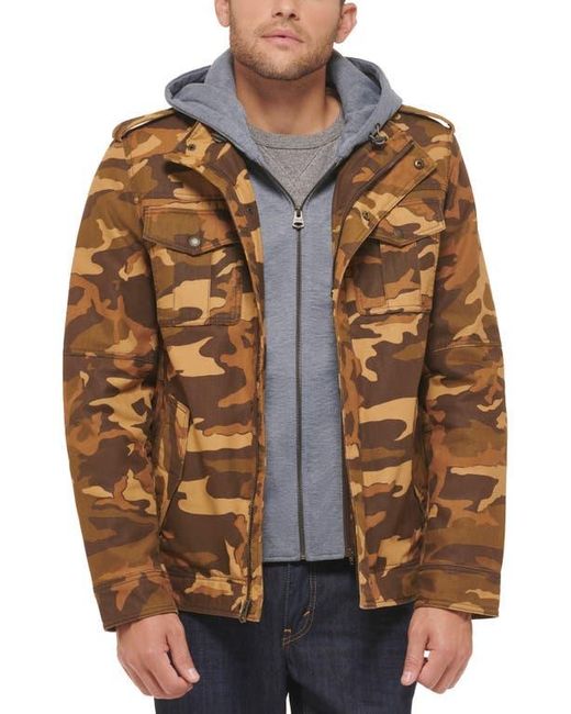 Levi's Brown Washed Cotton Faux Shearling Lined Hooded Military Jacket for men