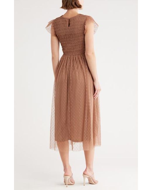 Blu Pepper Brown Smocked Flutter Sleeve Midi Dress