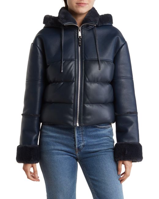 Rebecca Minkoff Blue Faux Leather Puffer Jacket With Faux Fur Lining
