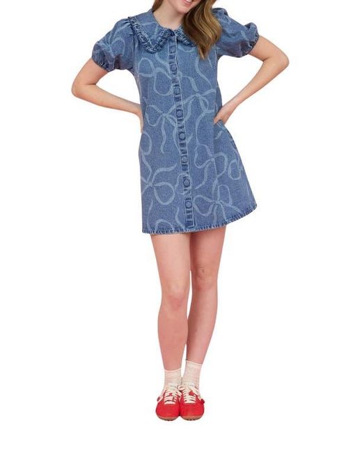 blu pepper bow trim midi dress Minidress in Blue Crew Neck