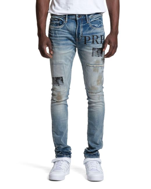 PRPS Blue Distressed Graphic Skinny Jeans for men