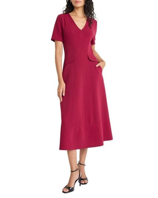 Maggy London Red Short Sleeve Pocket Fit & Flare Midi Dress