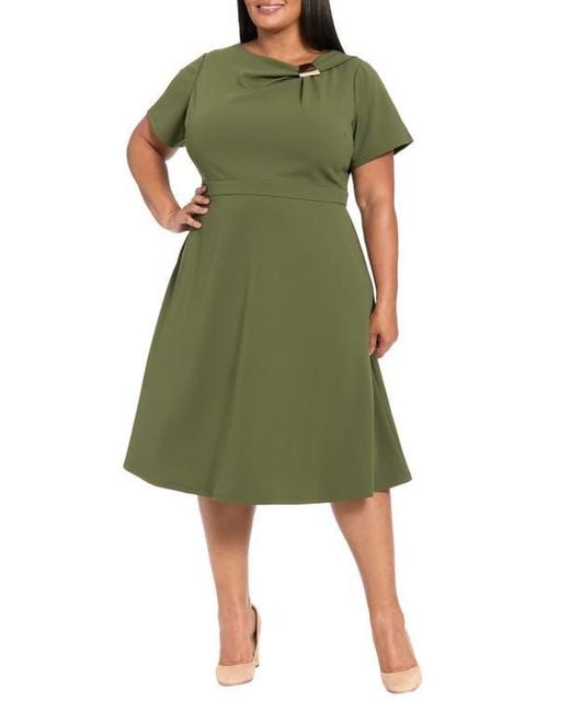 London Times Green Hardware Trim Scuba Fit & Flare Dress
