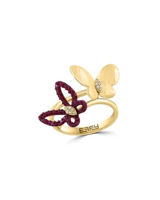 Effy Metallic Two-Tone Diamond & Ruby Butterfly Ring