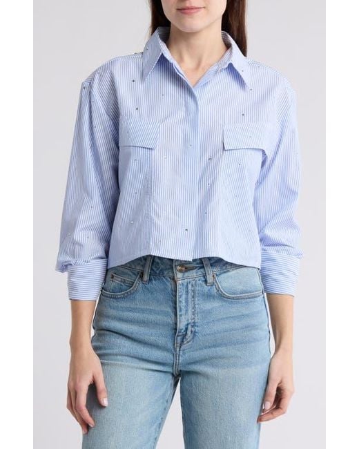 Vigoss Blue Stripe Crystal Embellished Button-Up Shirt