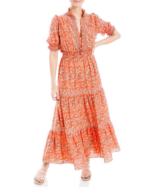 Max Studio Orange Ruffle Collar Print Tiered Maxi Dress