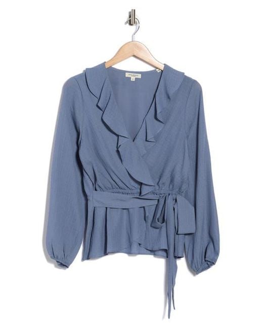 Max Studio Blue Ruffle Long Sleeve Faux Wrap Top