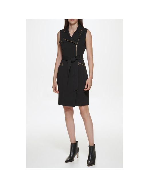 Calvin Klein Sleeveless Stretch Crepe Moto Dress in Black | Lyst