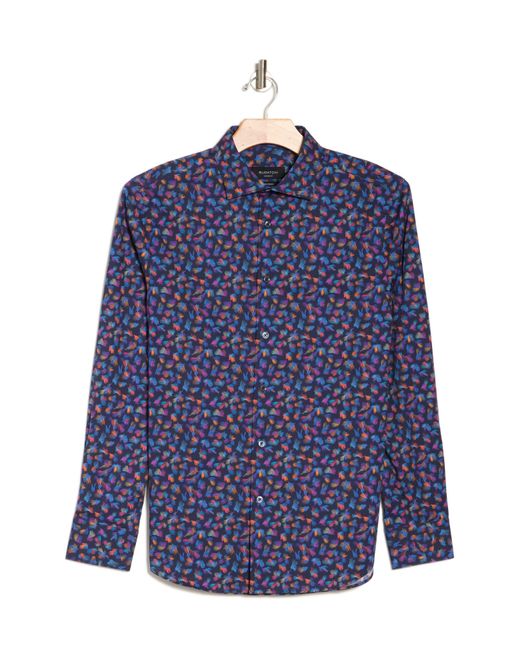 Bugatchi Blue Print Stretch Cotton Long Sleeve Button-up Shirt for men