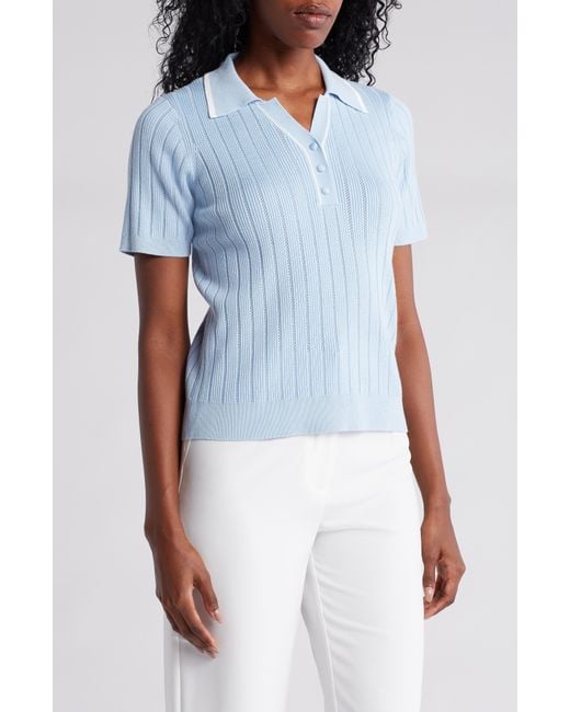 Adrianna Papell Blue Tipped Short Sleeve Polo Sweater
