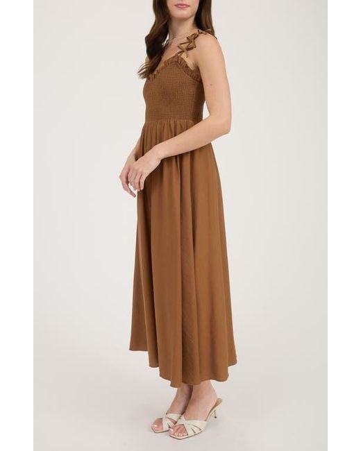 Blu Pepper Brown Bow Strap Smocked Fit & Flare Midi Dress
