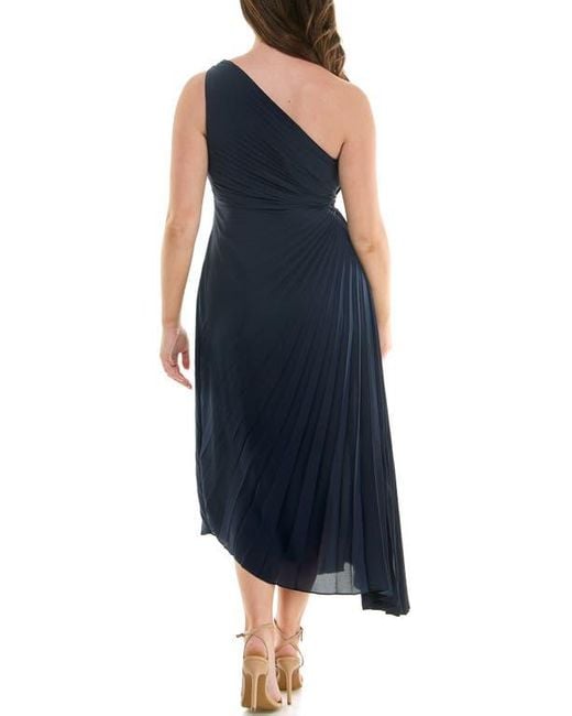 Nicole Miller Blue One Shoulder Pleat Midi Dress