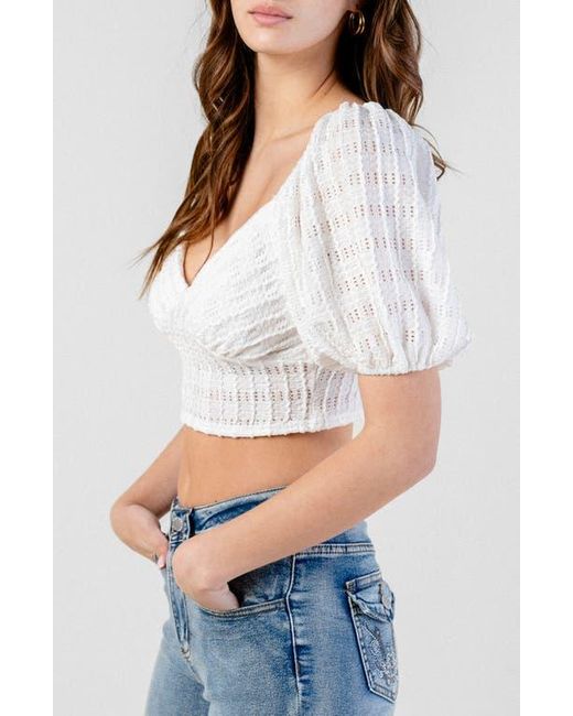 Beivy White Open Knit Puff Sleeve Crop Top