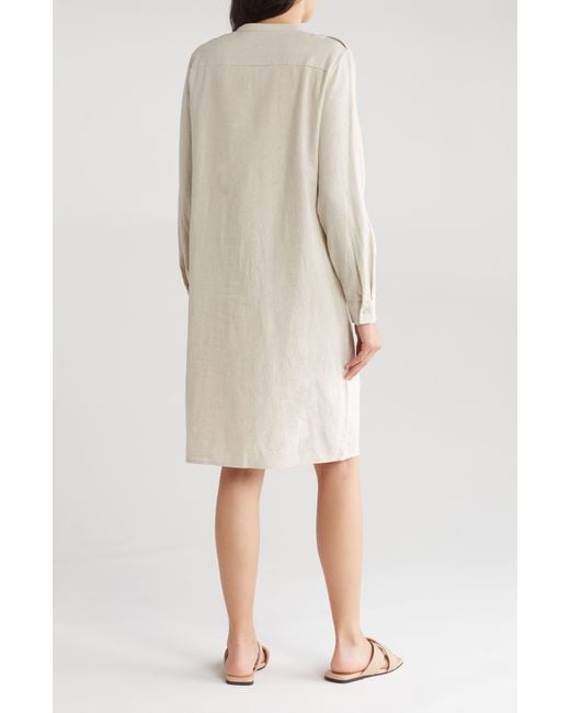 Calvin Klein Natural Front Button Long Sleeve Linen Blend Dress