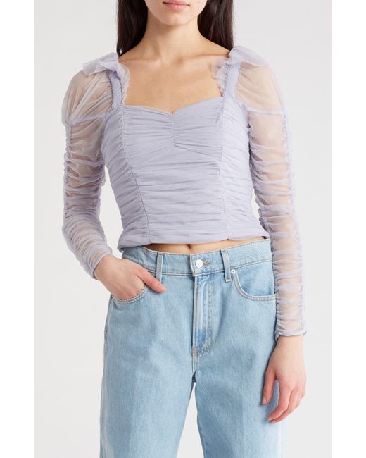 French Connection Blue Edrea Ruched Puff Shoulder Tulle Top