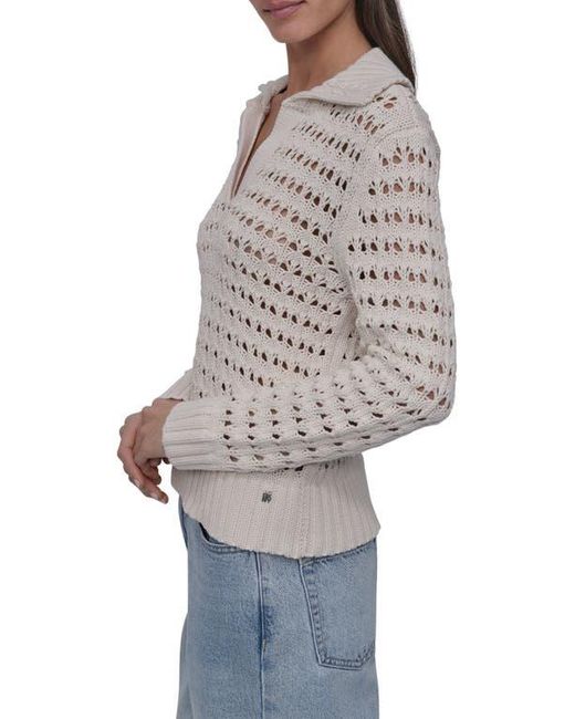 DKNY Gray Johnny Collar Open Stitch Cotton Blend Sweater