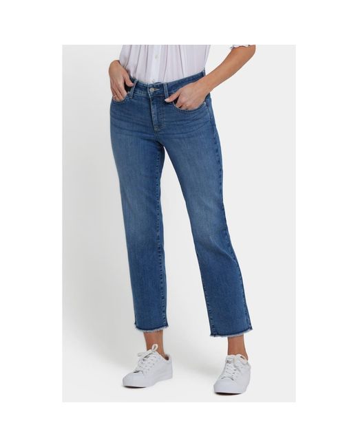 NYDJ Blue Marilyn Fray Hem Straight Ankle Jeans