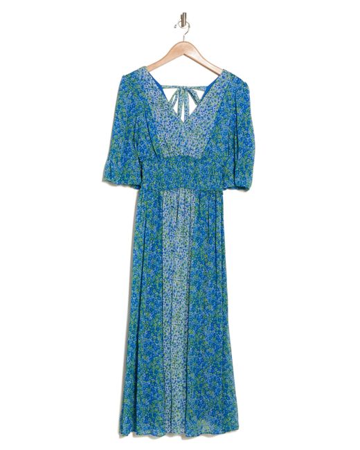 Taylor Dresses Blue Floral Puff Sleeve Smocked Waist Maxi Dress