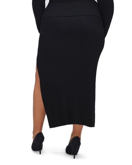 GOOD AMERICAN Black Shine Ribbed Slit Midi Skirt