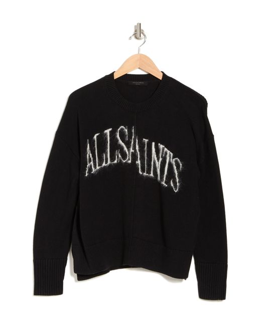 AllSaints Black Split Logo Cotton Pullover Sweater