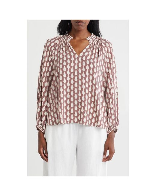 Caslon Red Long Sleeve Smocked Split Neck Top