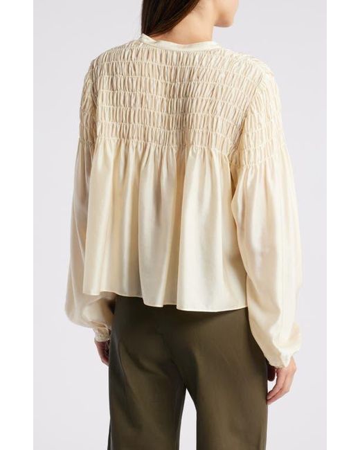 FRAME Natural Smocked Silk Blend Top