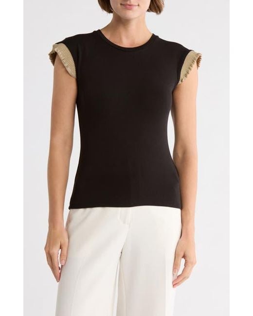 Muse Black Ruffle Ribbed Cap Sleeve Top